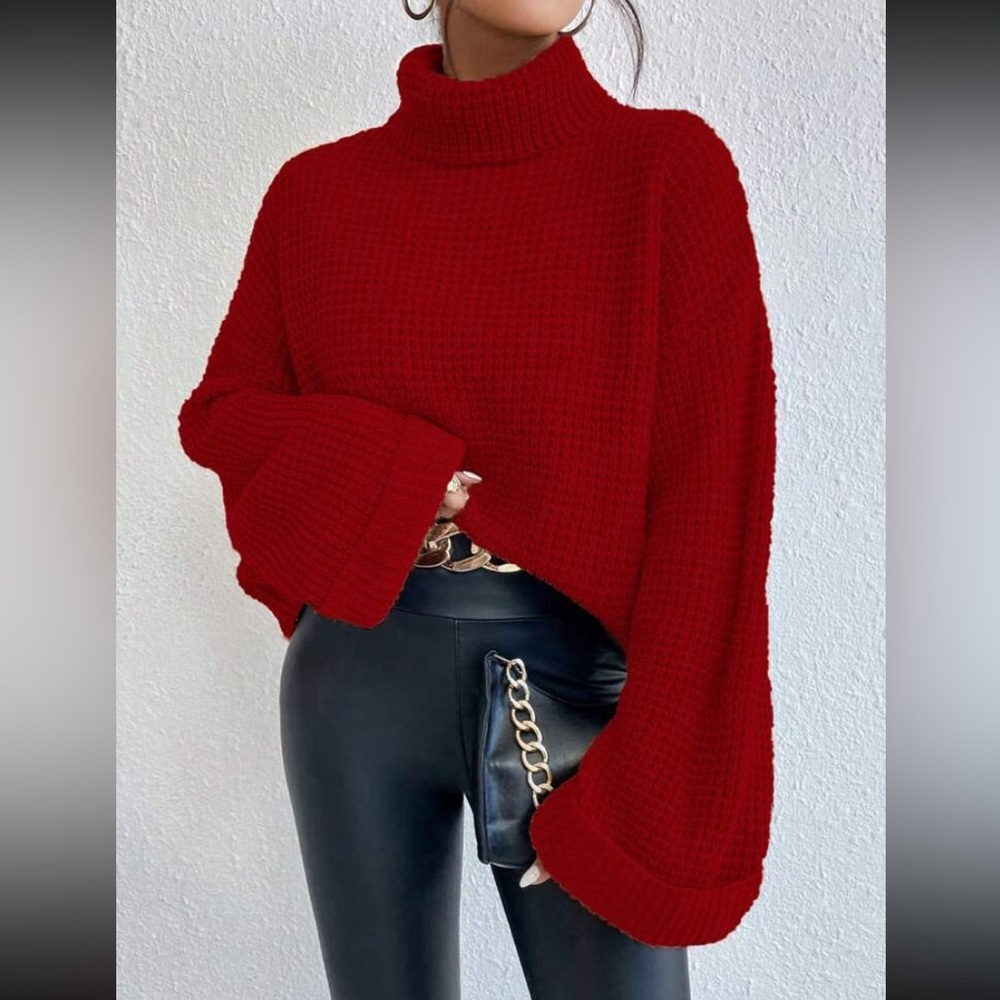 Red Bell Sleeved Turtleneck Sweater